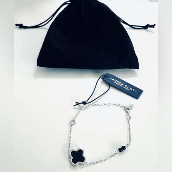 Lauren Scott Clover Black Stone Ball & Sterling Silver 925 Chain Bracelet - Picture 3 of 15